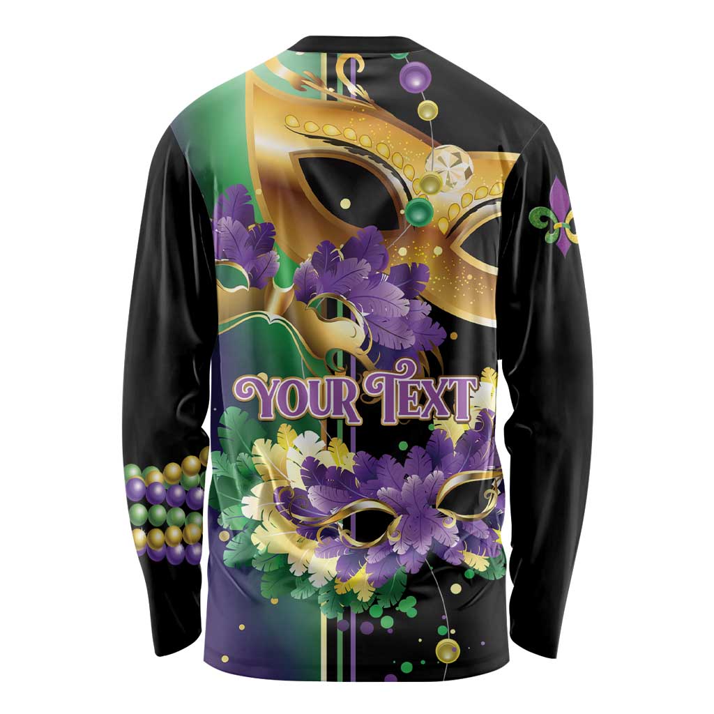 Black long sleeve shirt with "YOUR TEXT" and Mardi Gras mask feathers in purple and gold
