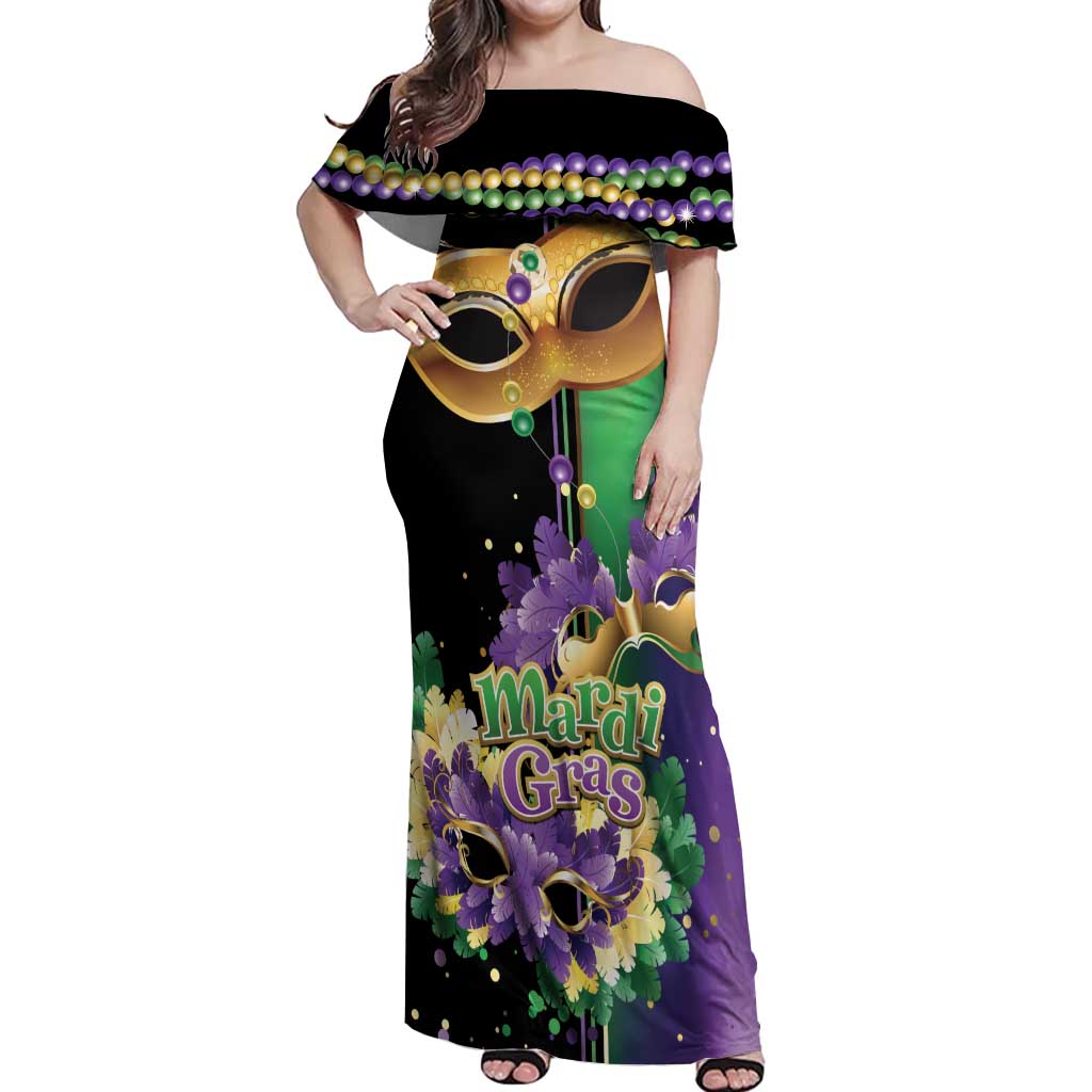 Personalized Mardi Gras Off Shoulder Maxi Dress Carnival Feathers Masks - Wonder Print Shop