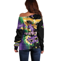 Women’s off-shoulder Mardi Gras sweater, back view with mask graphic and “Your Text” personalization