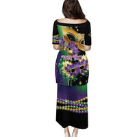 Mardi Gras long dress, back view, gold mask and purple floral with 'Your Text'