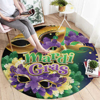 Round Mardi Gras carnival carpet featuring large Mardi Gras text, masks, and feathers