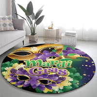 Round Mardi Gras carnival carpet with Mardi Gras lettering, green and purple feathers