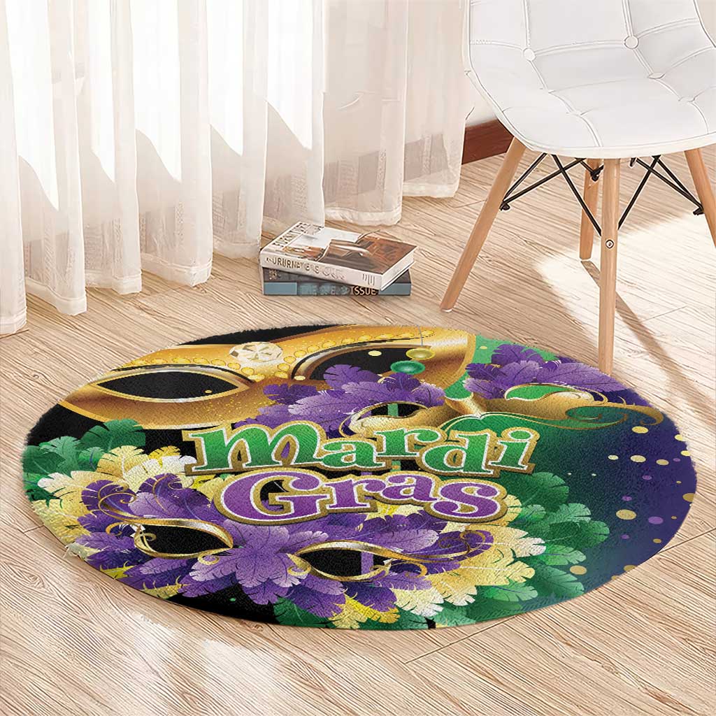 Round Mardi Gras carnival carpet with gold, green, and purple mask and feather artwork