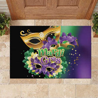 Mardi Gras doormat with purple-and-black floral mask graphic and Mardi Gras text