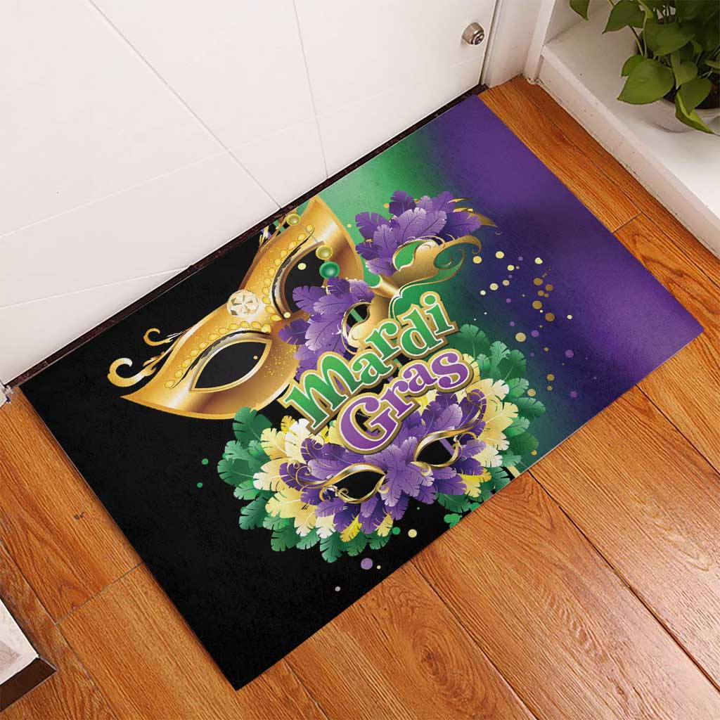 Mardi Gras doormat with gold and green mask, purple flowers, and Mardi Gras lettering