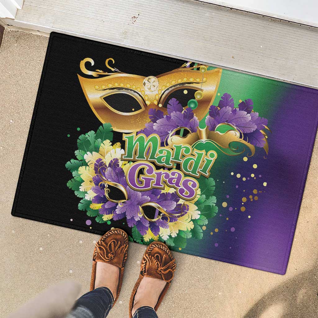 Mardi Gras doormat with gold mask and colorful feather flowers, with Mardi Gras lettering
