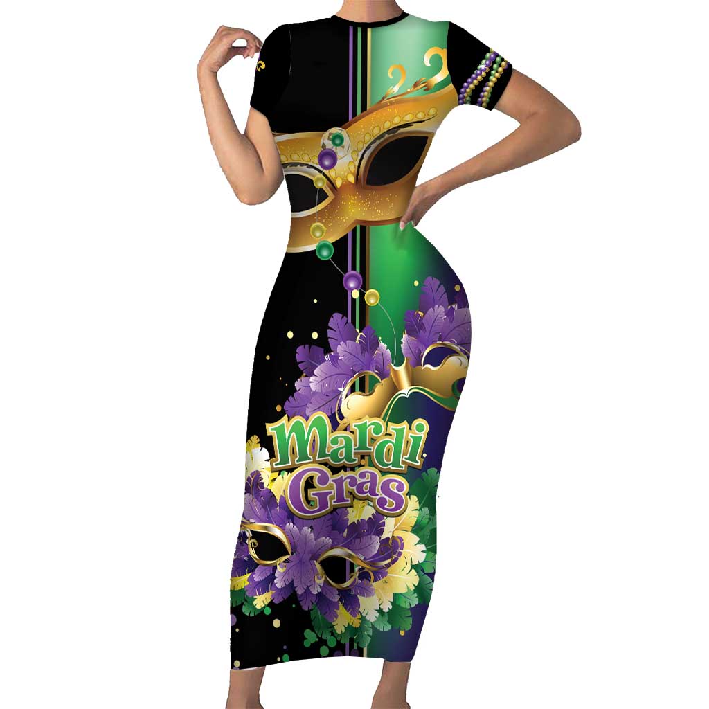 Personalized Mardi Gras Short Sleeve Bodycon Dress Carnival Feathers Masks