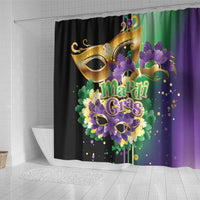 Mardi Gras shower curtain with feather mask design on green-to-purple side gradient panel