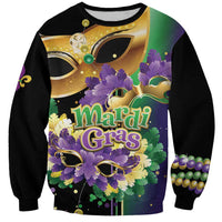 Mardi Gras graphic sweatshirt with mask and purple feather artwork, gold lettering