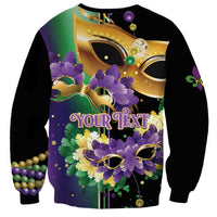 Mardi Gras sweatshirt with mask and purple feather artwork, YOUR TEXT print