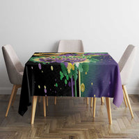Rectangular purple carnival tablecloth with mask and colorful confetti accents