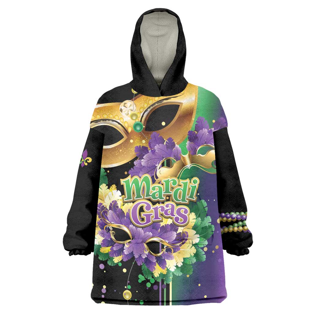 Personalized Mardi Gras Wearable Blanket Hoodie Carnival Feathers Masks