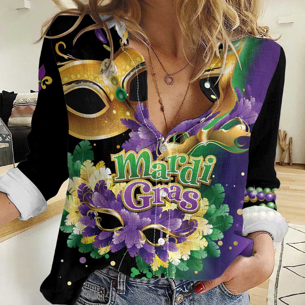 Personalized Mardi Gras Women Casual Shirt Carnival Feathers Masks