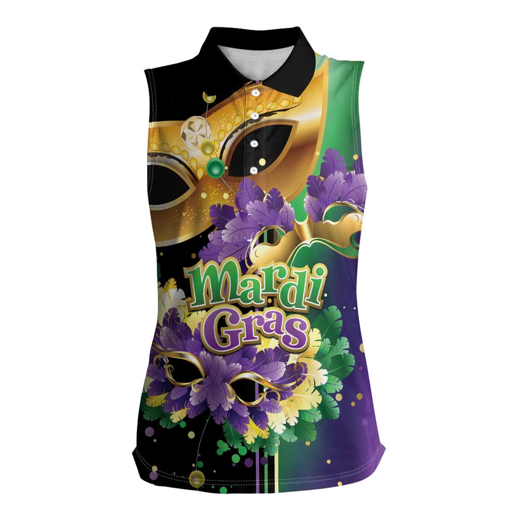 Personalized Mardi Gras Women Sleeveless Polo Shirt Carnival Feathers Masks