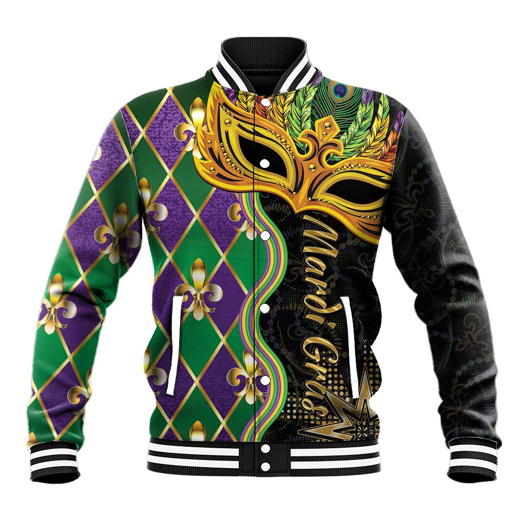 Colorful baseball jacket with ornate gold mask graphic, diamond pattern, striped ribbed collar