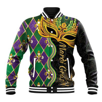 Colorful baseball jacket with ornate gold mask graphic, diamond pattern, striped ribbed collar