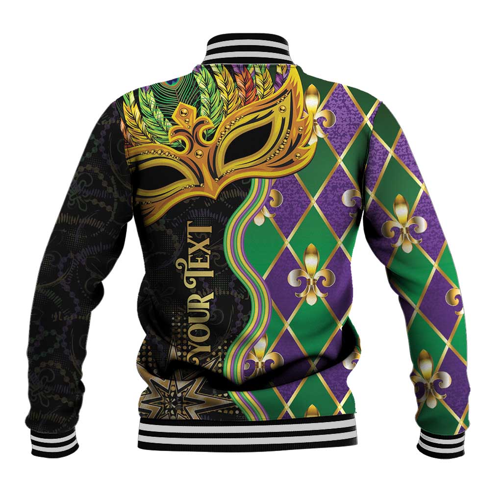 Colorful baseball jacket with large ornate mask graphic on back, diamond pattern, striped ribbed hem