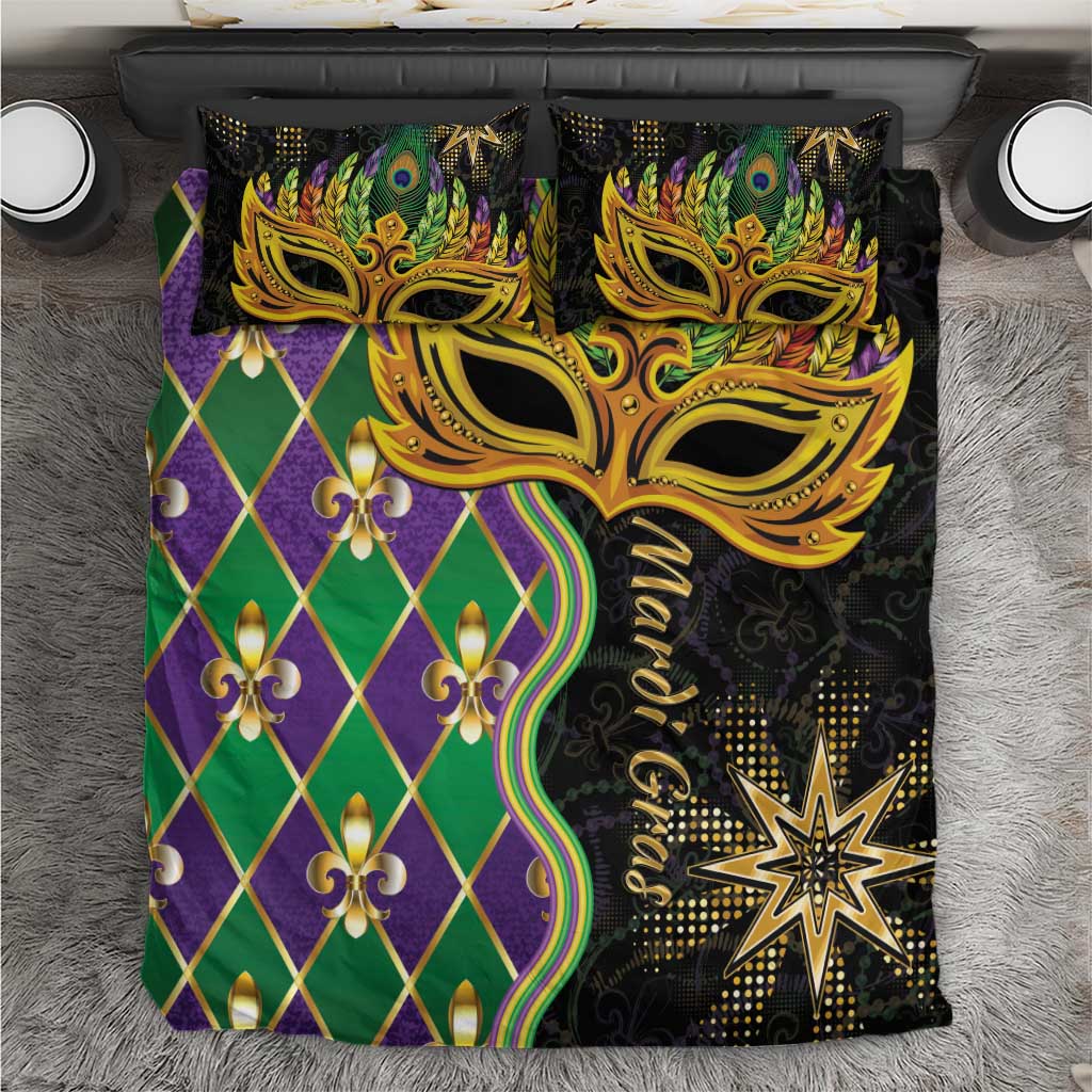 Mardi Gras bedding set with gold masquerade mask, green and purple diamond pattern, star accents.