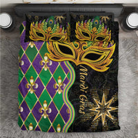 Mardi Gras bedding set with gold masquerade mask, green and purple diamond pattern, star accents.