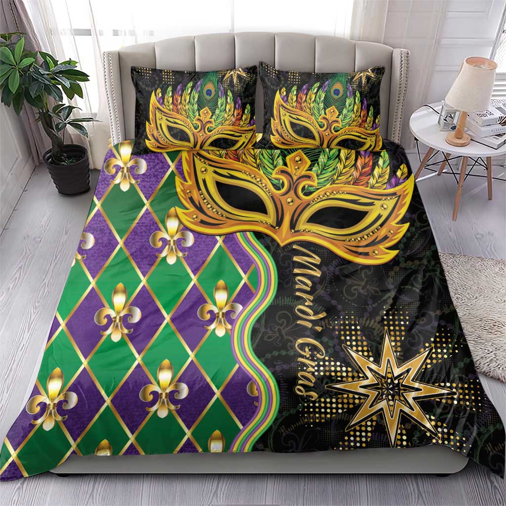 Mardi Gras bedding set showing gold mask, green-and-purple diamonds, fleur-de-lis and star motif.