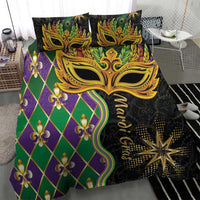 Mardi Gras bedding set with gold masquerade mask, purple diamond grid, green accents, black base.