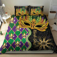 Mardi Gras bedding set with gold mask artwork, green and purple argyle pattern, fleur-de-lis decor.