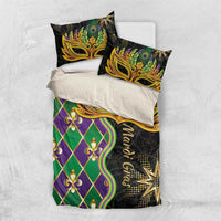 Mardi Gras bedding set with gold masquerade mask, green-purple diamond design, matching pillowcases.