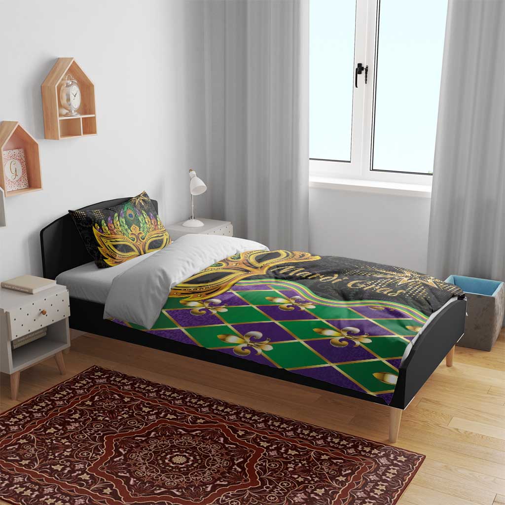 Mardi Gras bedding set with gold mask center panel, green-purple diamond pattern on black fabric.