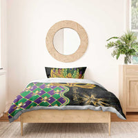 Mardi Gras bedding set featuring gold mask design, green and purple diamond pattern, star detail.