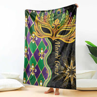 Mardi Gras blanket featuring gold masquerade mask, green and purple diamond pattern
