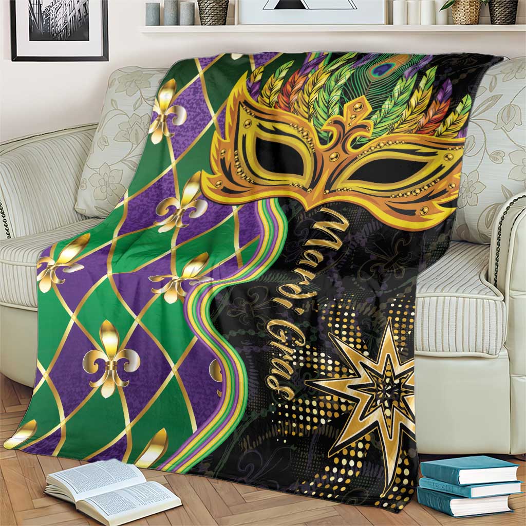 Mardi Gras throw blanket on sofa, gold mask and star detail over green purple diamond pattern