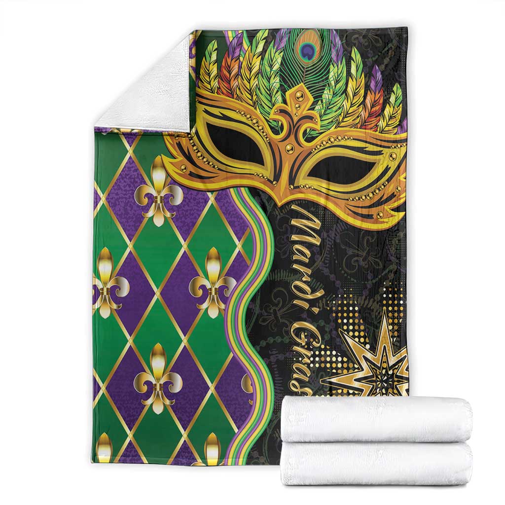 Mardi Gras blanket folded, gold masquerade mask on green and purple diamond background