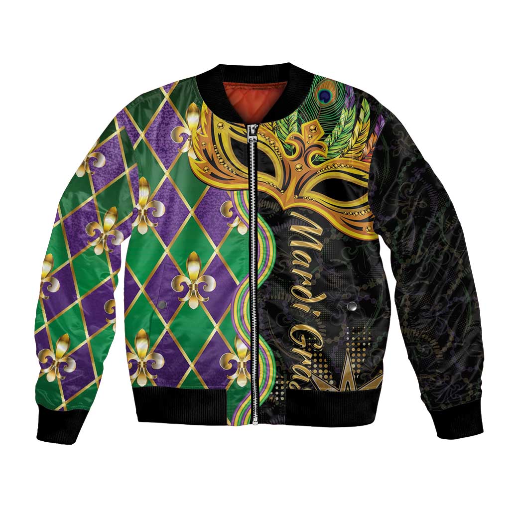 Colorful Mardi Gras bomber jacket with gold mask art, fleur-de-lis, and zipper front