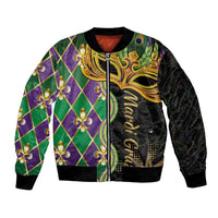 Colorful Mardi Gras bomber jacket with gold mask art, fleur-de-lis, and zipper front
