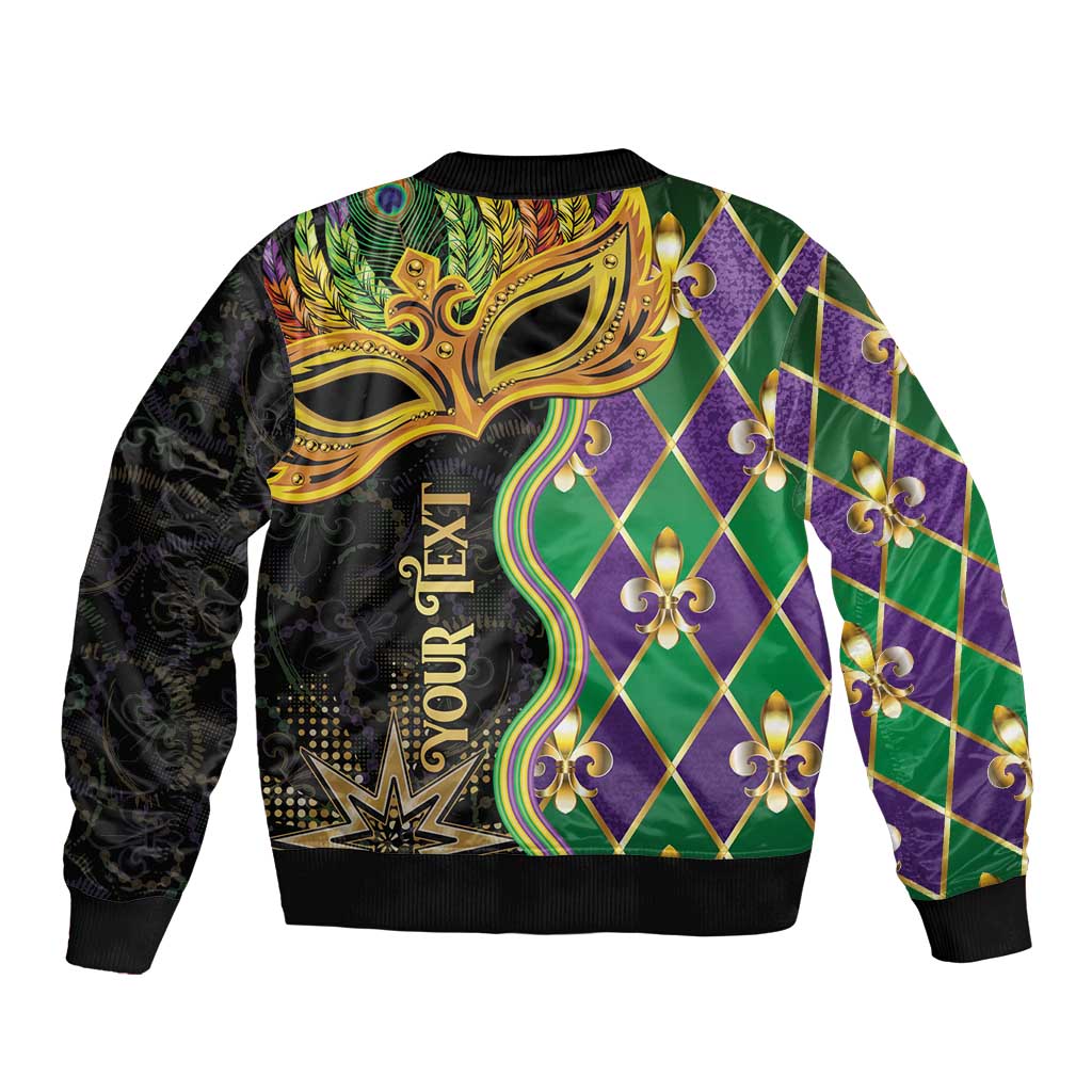 Mardi Gras bomber jacket back with diamond pattern, gold mask, fleur-de-lis, and 'YOUR TEXT'