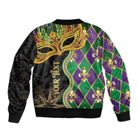 Mardi Gras bomber jacket back with diamond pattern, gold mask, fleur-de-lis, and 'YOUR TEXT'
