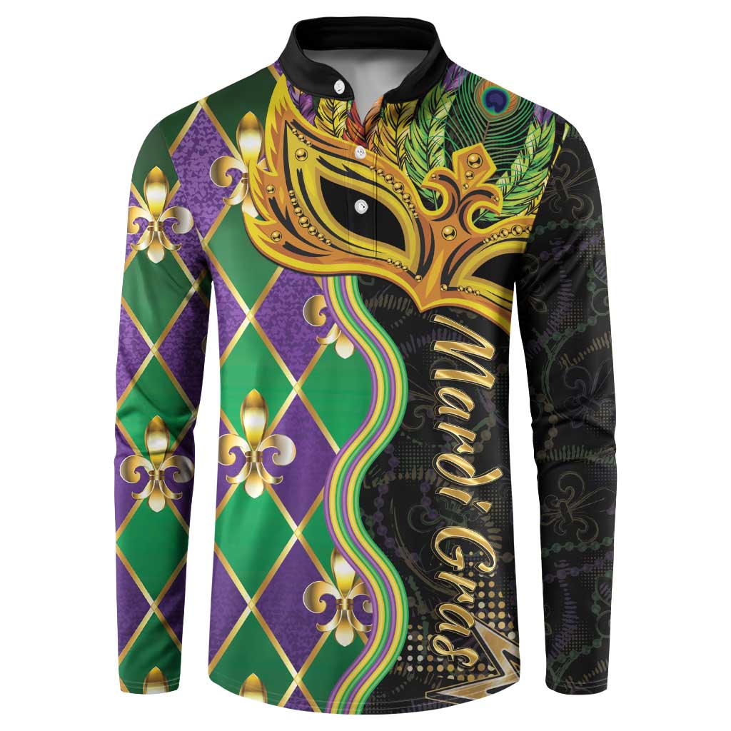 Mardi Gras button-front sweatshirt with gold mask, fleur-de-lis, and diamond pattern