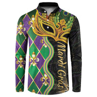 Mardi Gras button-front sweatshirt with gold mask, fleur-de-lis, and diamond pattern