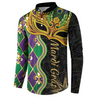 Mardi Gras sweatshirt front view with gold mask artwork, rainbow lines, and diamond shapes
