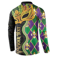 Mardi Gras sweatshirt back with gold mask, purple-green diamonds, and 'Your Text' panel