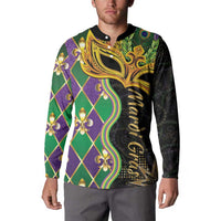 Mardi Gras button-front sweatshirt on model, with gold mask, green-purple diamonds, and curls
