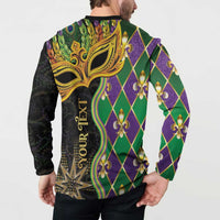 Mardi Gras sweatshirt back view with gold mask, diamond checks, fleur-de-lis, and 'Your Text'