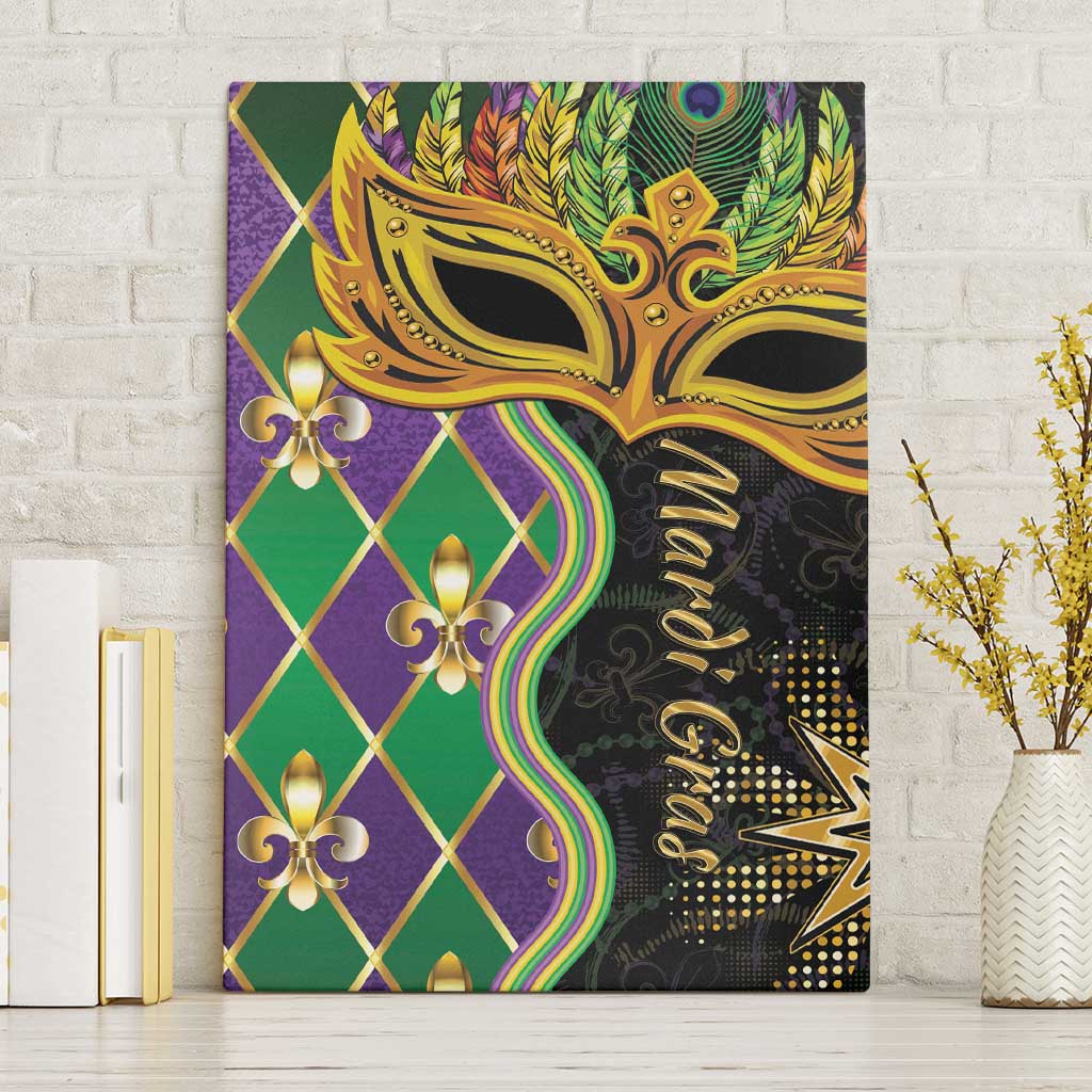 Mardi Gras canvas wall art of gold masquerade mask with green and purple diamond pattern