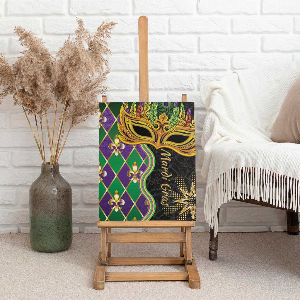 Mardi Gras canvas wall art on display easel, gold mask over green and purple geometric diamonds