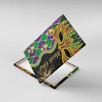 Angled Mardi Gras canvas wall art showing gold masquerade mask with green and purple diamonds
