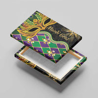 Stacked Mardi Gras canvas wall art mockup with gold mask and green/purple diamond pattern