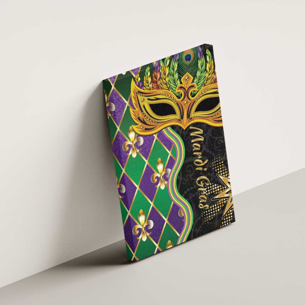 Mardi Gras canvas wall art angled on wall, gold masquerade mask over green and purple diamonds