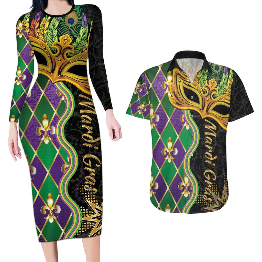 Personalized Mardi Gras Couples Matching Long Sleeve Bodycon Dress and Hawaiian Shirt Gold Mask Unique Style