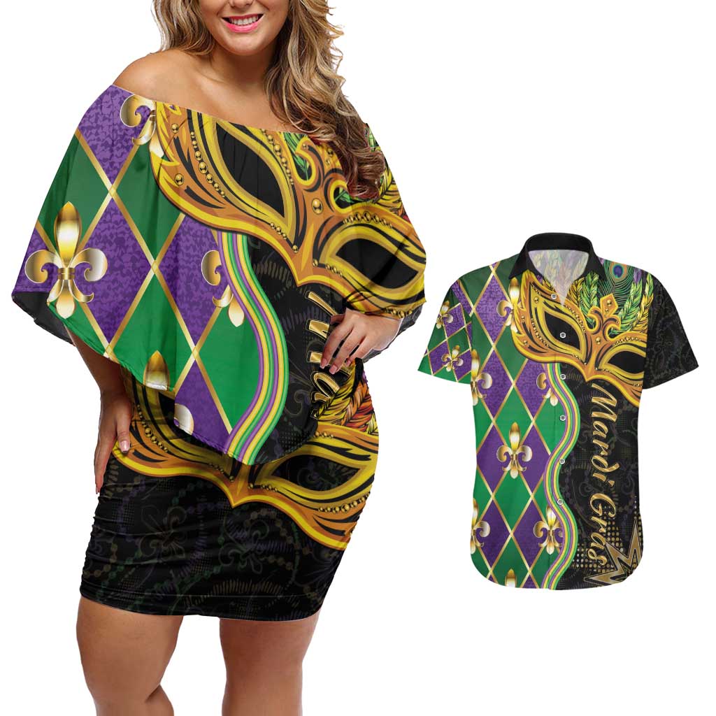 Personalized Mardi Gras Couples Matching Off Shoulder Short Dress and Hawaiian Shirt Gold Mask Unique Style