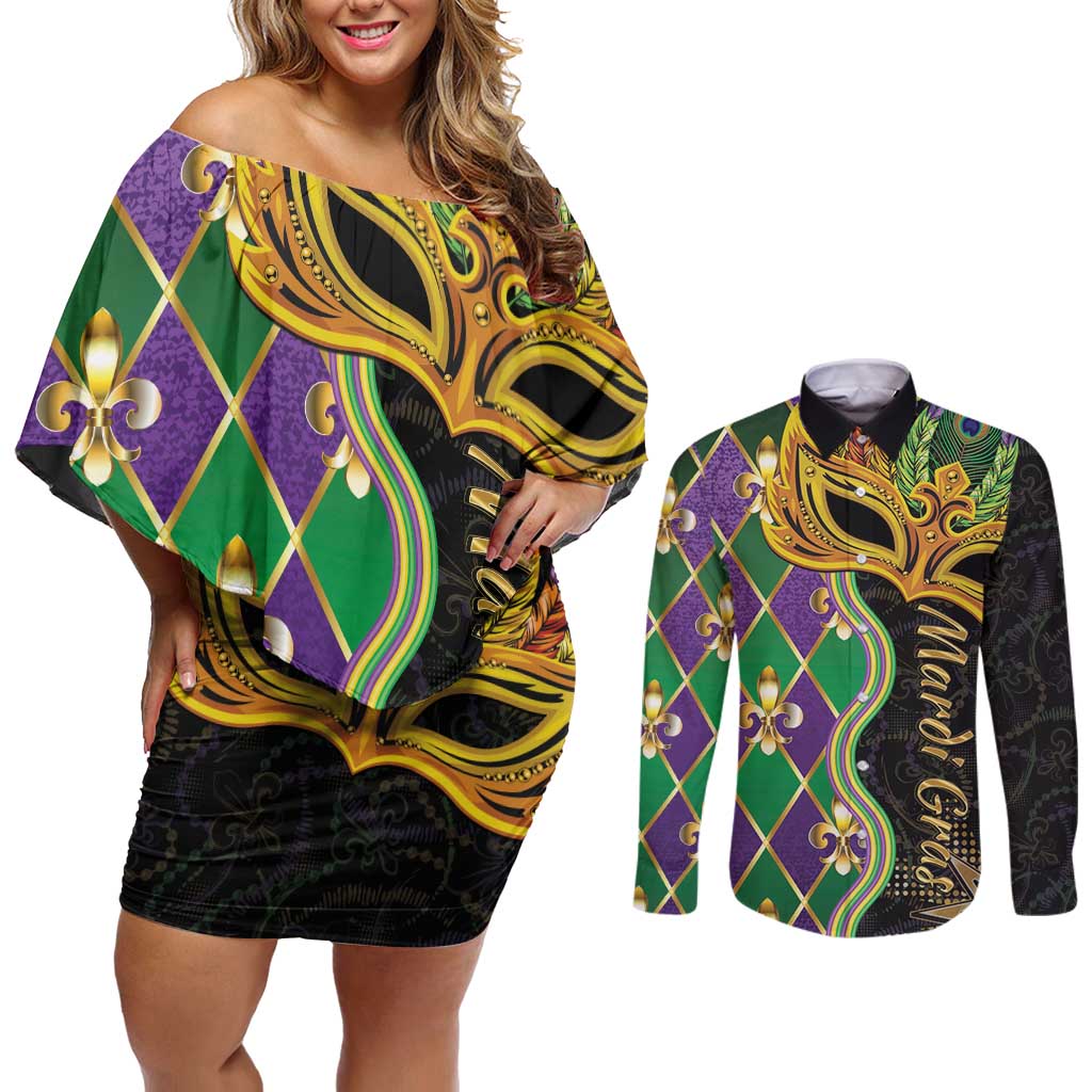 Personalized Mardi Gras Couples Matching Off Shoulder Short Dress and Long Sleeve Button Shirt Gold Mask Unique Style